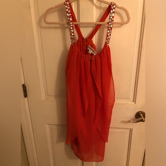 Hailey Logan Dress Vibrant Orange Backless with Rhinestone Straps - Picture 2 of 8